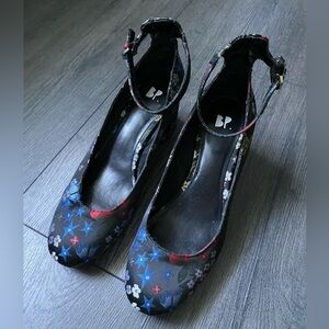 BP Womens Ankle Strap Block Heel Black Multicolor Floral Print Size 7.5M